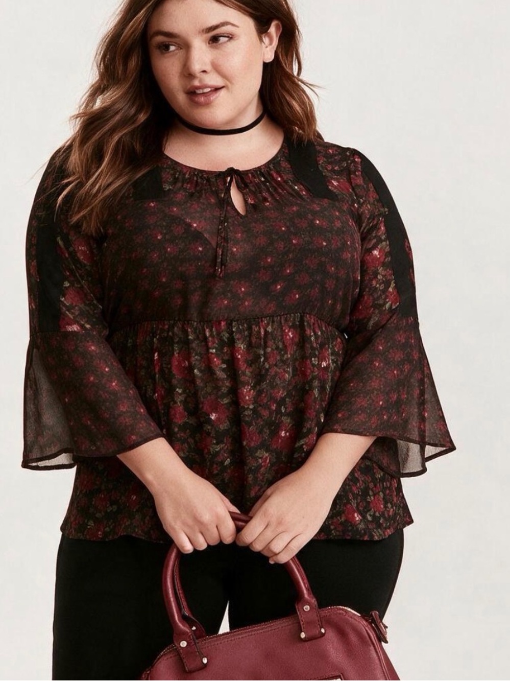 Whimsigoth black Floral Tie-Neck Peasant Top semi sheer size 1x